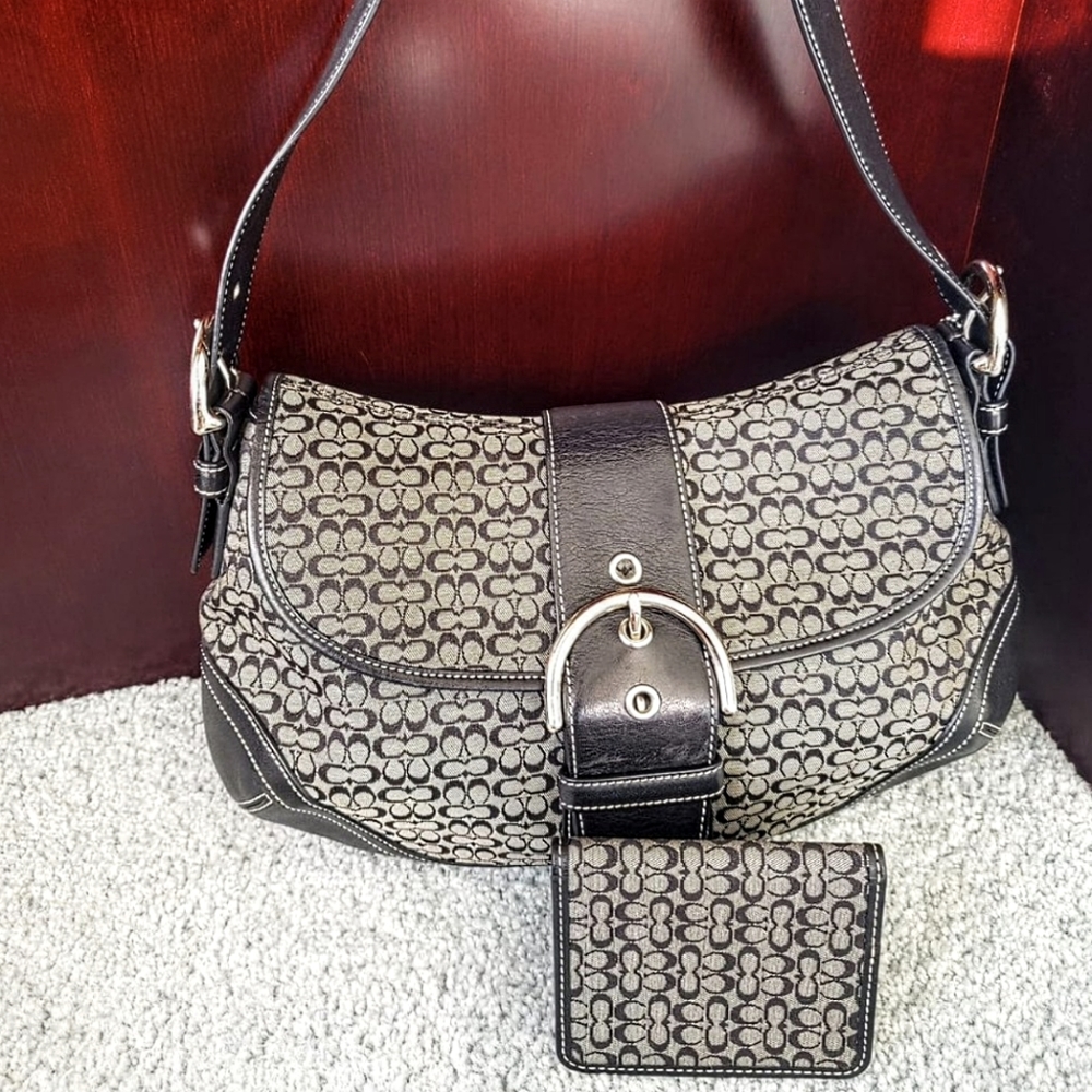 Coach Signature Black & Gray Double "C" Monogram Shoulder Bag With Card Holder